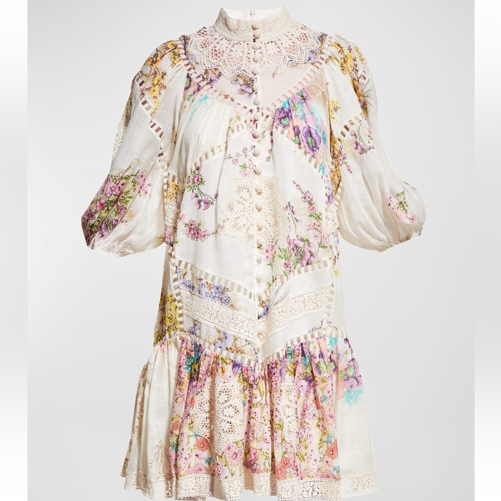 Zimmermann Jude Floral puff sleeve mini a-line dress with slip